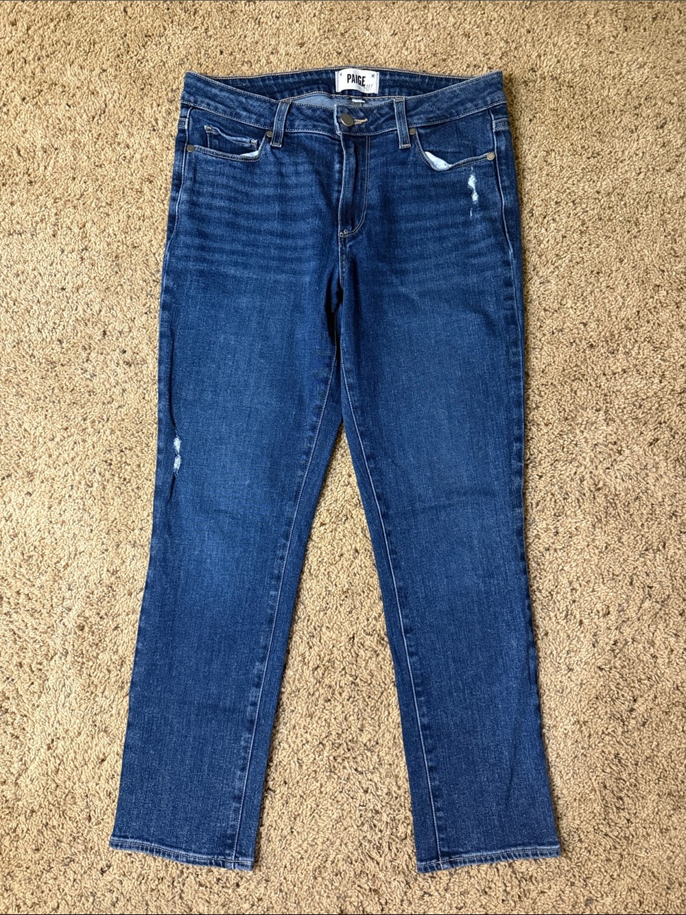 PAIGE Brigitte Boyfriend Jeans in Dark Blue Wash with Subtle Distress